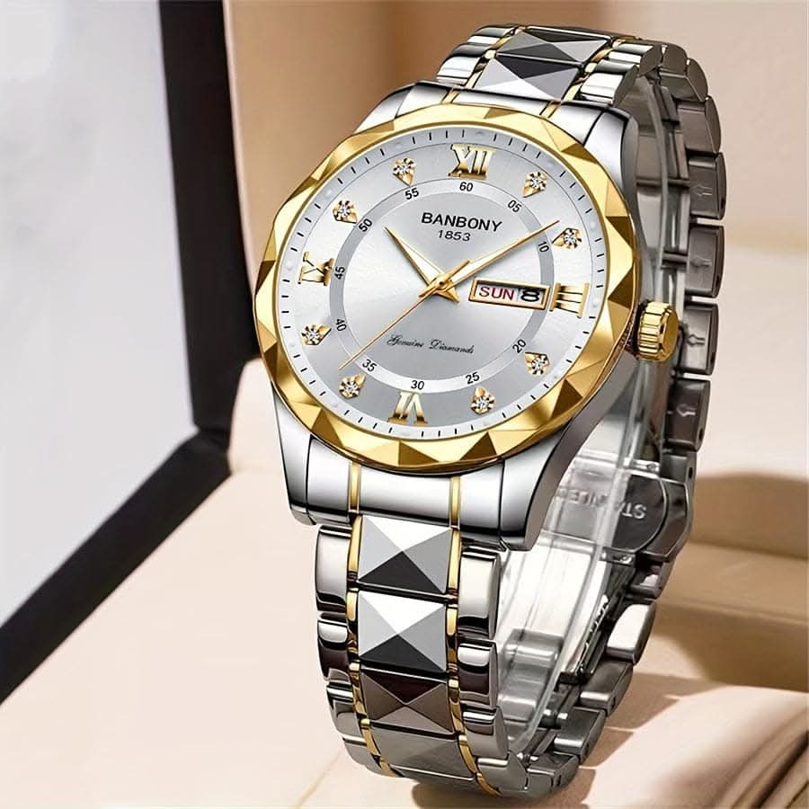 Stainless Steel Men's Watch – Roman Numerals, Rhinestones, Luminous Dial